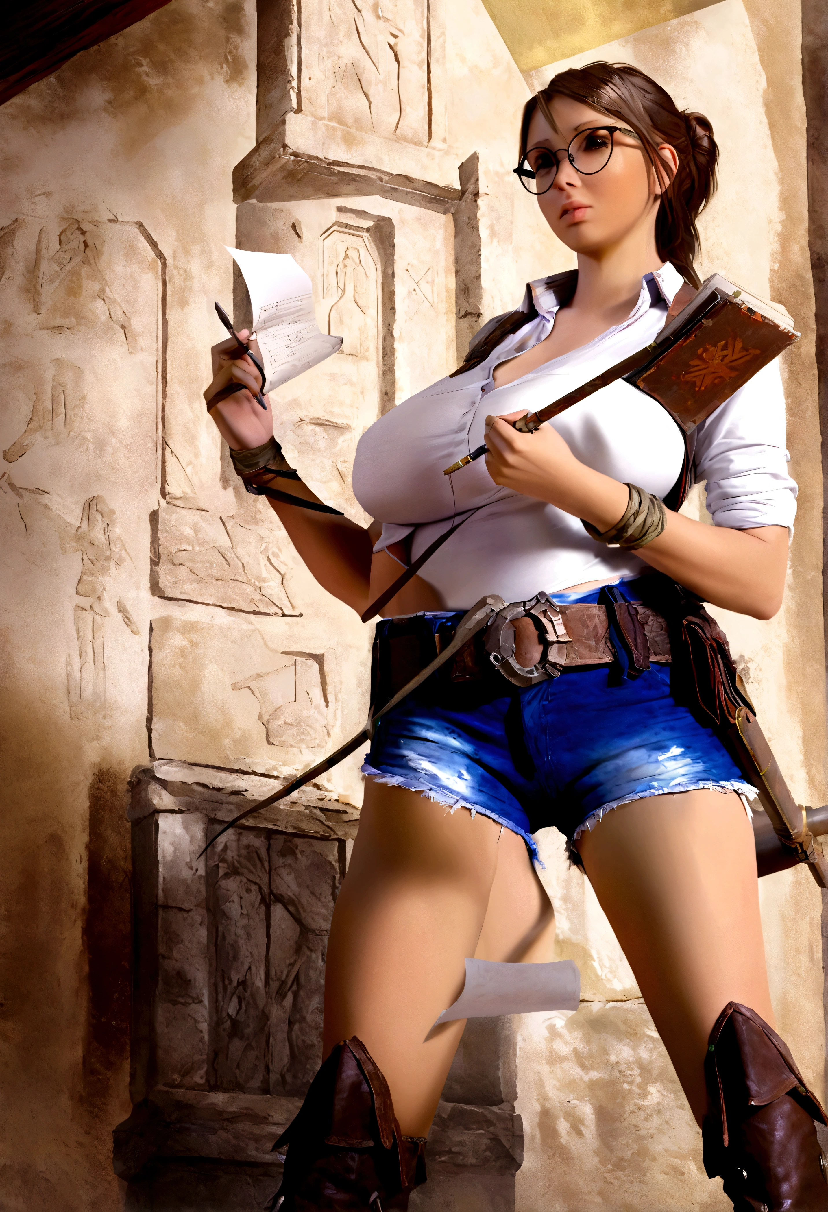 a rugged adventurer woman, dirty button up shirt, no bra, rugged shorts, gun belt, bull whip, reading glasses, rugged boots, studying a note journal, reading hieroglyphs on the wall, ruins, detailed portrait, realistic, photorealistic, photo-realistic, HDR, UHD, studio lighting, ultra-fine painting, sharp focus, physically-based rendering, extreme detail description, professional, vivid colors, bokeh, concept art
