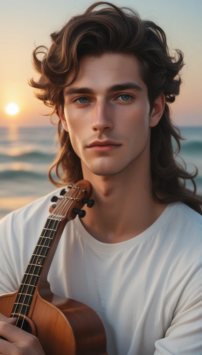 Score_9, Score_8_above, (1 person), Artwork, Best Quality, High Resolution, Close-Up Portrait, Japanese, Male, Casual attire with white shirt, Wearing jeans, Long hair styled in waves and curls, Holding ukulele, Sea in background, Beautiful Sunset coming in, Fantasy, League of Legends style, Beautiful portrait, Bright light, Great composition, Front view, High resolution, Volume lighting, Super high quality, Elegant, Very detailed

Translated with DeepL.com (free version)