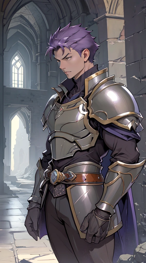 Portrait of a man, 1boy, Solo, Stand quietly, Heroes, A hero never seen before, jawline, Male, Epic, Handsome, prince, warrior, Silver armor, hyperdetailed 3d matte painting, cinemascope panoramic, awe inspiring, landscape, Natural skin texture,  Sharp focus, ((Cinematic look)), insanely details, Intricate details, greg rutkovsky、Works of art by Caravaggio and Alphonse Mucha, analogue style, Castle, inside castle, Calm environment, purple hair 