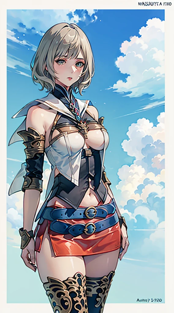 (cowboy  shot,masutepiece, of the highest quality, Best Quality, Official art, Beautiful and aesthetic:1.2), ighly detailed, Colorful,highest details,Illustrations,Everyday scenery, 1girl in, Solo, (navel,large boob,Final Fantasy 12,Ashelia, shorth hair,short-hair ,Ashelia Costume,Red mini skirt, thighs thighs thighs thighs, Knee socks that cover up to the shin,jewely), (Blue belt,one), is standing, move chart,Medieval fantasy