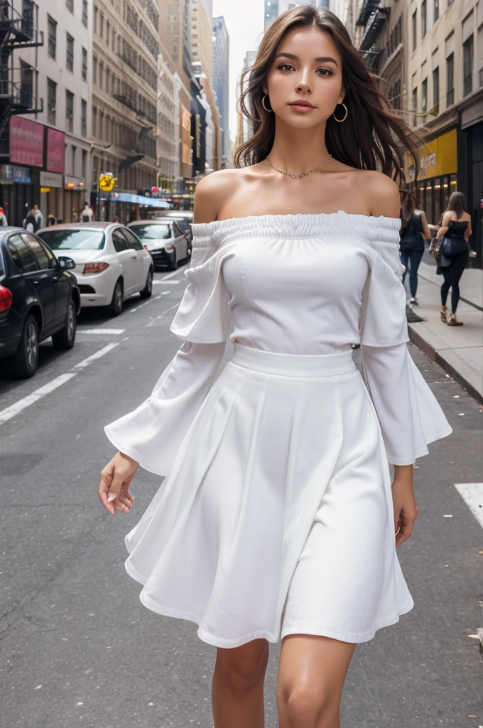 (Woman walking the streets of New York)、realistic, High resolution, soft light,1 female, alone,(off shoulder white dress,flare skirt)(Skirt soars),(lift the skirt), hip up, (detailed face), jewelry, street wear, Eyes that invite the viewer, Spouse&#39;perspective, attractive appearance, sexy smile, perfect style, perfect balance, fine skin, naughty look, （(White lace panties are visible))