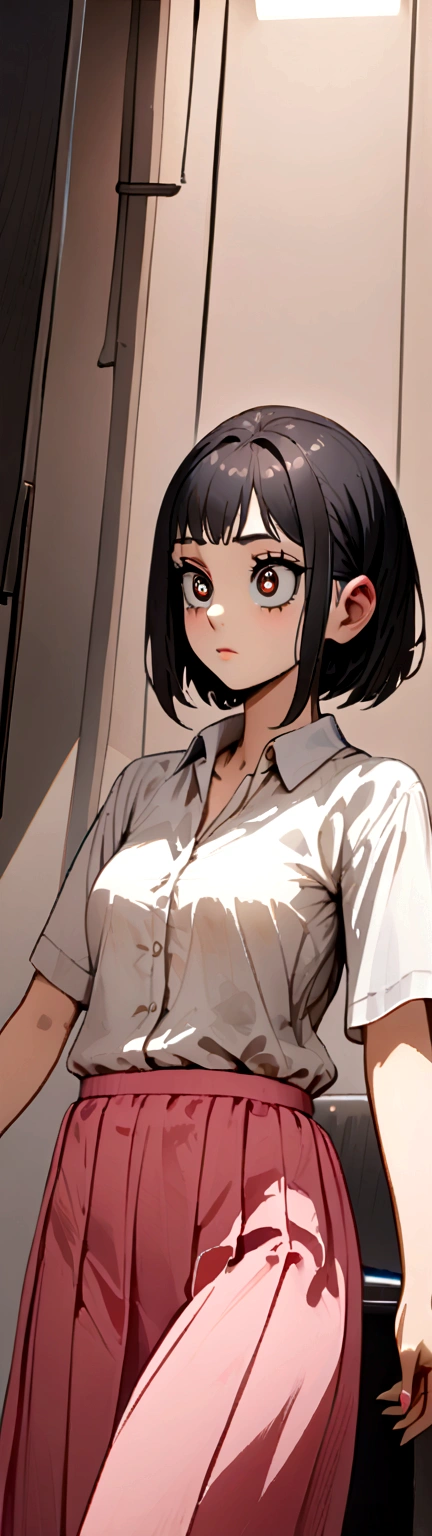 Black hair girl with big eyes and pink skirt with white blouse shirt 