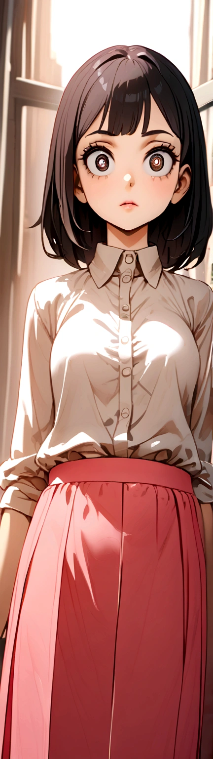 Black hair girl with big eyes and pink skirt with white blouse shirt