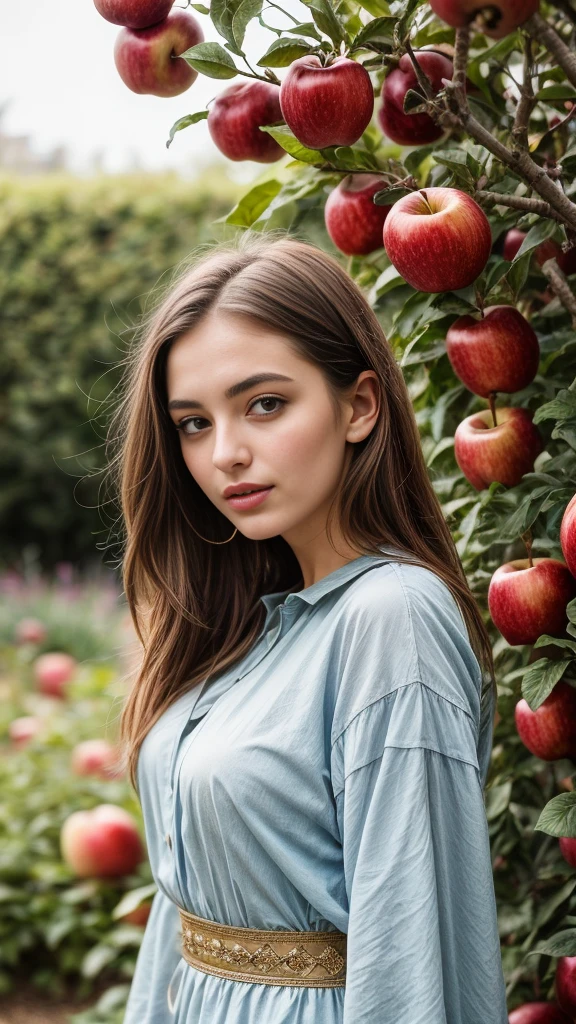 A beautiful european girl, wearing light medieval dress, biting a red apple, in the garden near an apple tree, red apples, full body. She is 24 years old, has brown hair and light blue eyes. Her cloth is stylish and her overall appearance is stunning. The girl's face is extremely detailed with beautifully detailed lips. Her skin is anatomically correct with realistic textures. The image should have super high details and be of the best quality, with a resolution of 8K. The final result should be a masterpiece, showcasing the girl's beauty and the vibrant atmosphere of the garden