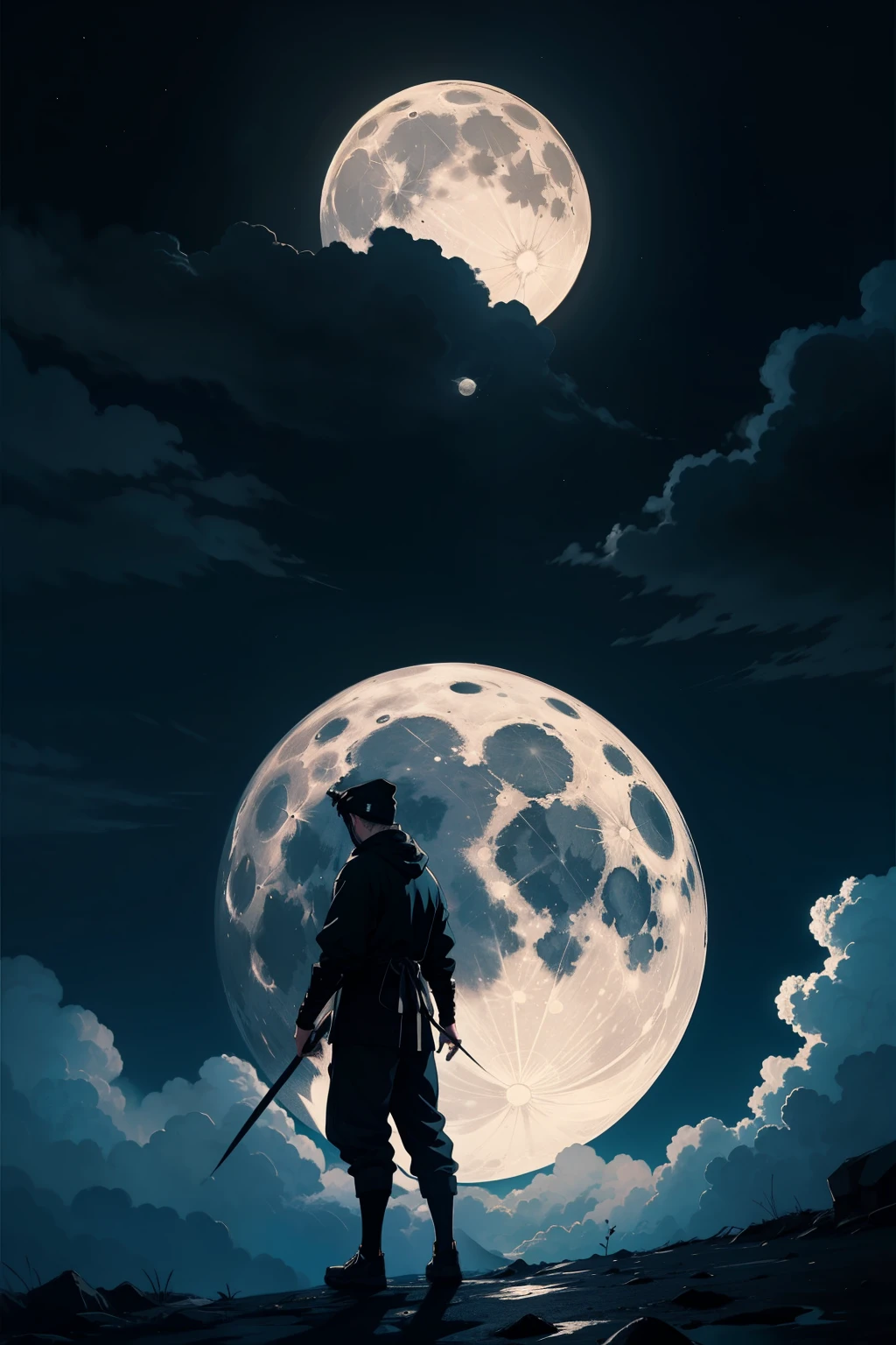 a ninja standing under the moon, dark skies, clouds