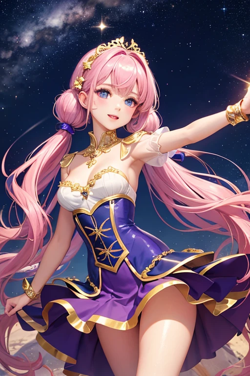 Highest quality、Highest quality、Masterpiece、woman1people、Purple shiny decollete dress、Golden embroidery、Frill mini skirt dress、Perfect body line、Adorable poses、Realistic、Glowing Skin、Groomed eyebrows、Pink Lips、Pink Hair、Blue Eyes、Twin tails、delicate、Shiny Hair、detailed、Skirt in the wind、The background is the starry sky and the sea