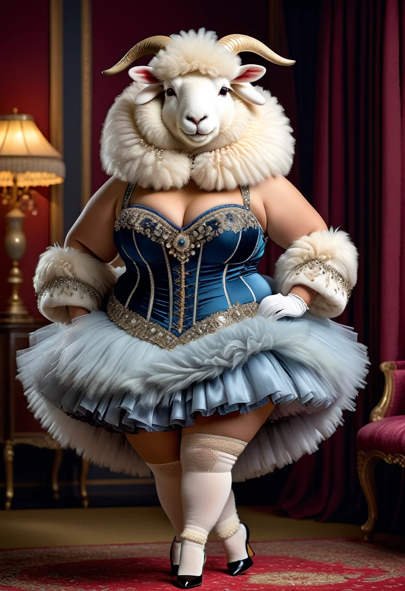 photorealistic portrait of Dressed animals-a ((fat)) ((angora sheep)) dancer,(The whole body is covered with fur:1.5), (elegant pose:1.5), (hands on hips:1.5),(smile:1.5),high quality,(happy),(lovely) ,intricate details, Wearing bustier, (), highly detailed ((bustier)) ,highly detailed decorations of clothes, Fishnet panty horse , (happy), soft lighting,(full body image:2.0),luxury hotel room background,(high heels),