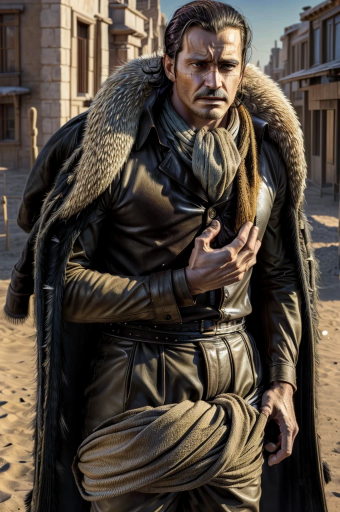 masterpiece, best quality, extremely detailed, hyperrealistic, photorealistic, a cool 40s man, ultra detailed face:1.2, fur-trimmed coat, scarf around the neck, his left hand is a golden pirate hook:1.1, desert, city, arm up, holding sack, outraged