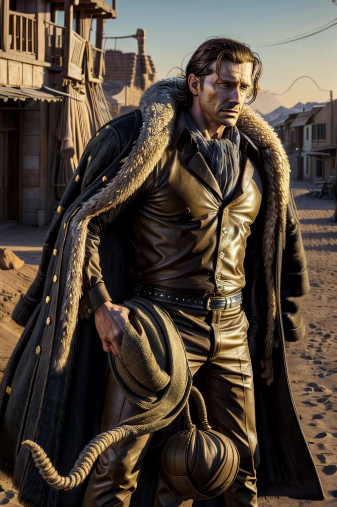 masterpiece, best quality, extremely detailed, hyperrealistic, photorealistic, a cool 40s man, ultra detailed face:1.2, fur-trimmed coat, scarf around the neck, his left hand is a golden pirate hook:1.1, desert, city, arm up, holding sack, outraged