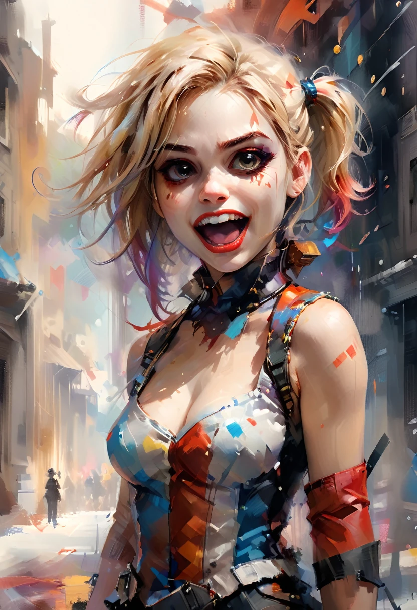 a painting of an Harley Quinn with its mouth open, popular on art station, laughter and screaming face, the artist has used bright, by Peter Rockwell, digital photo, exaggerated expression, close to the camera, cheerful, whiskers, smiling at the viewer, by Suzy Rice, watercolor, oil and watercolor painting
