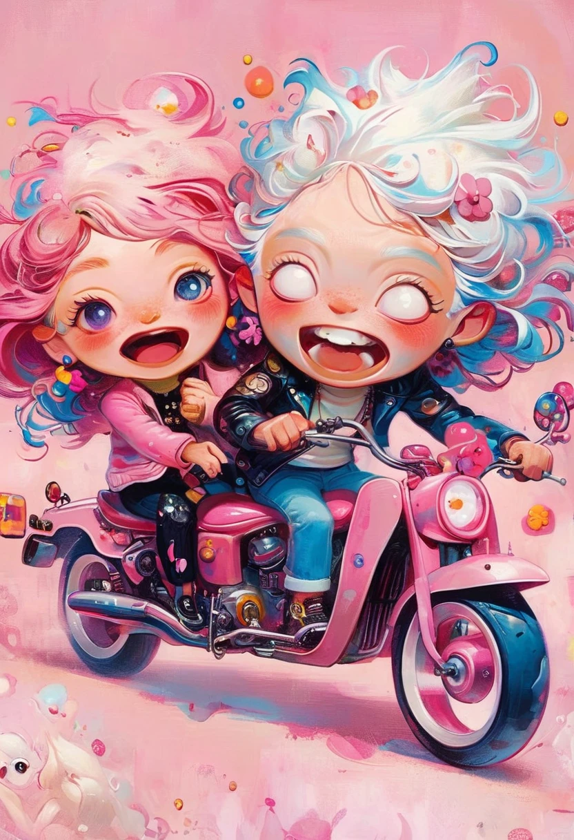 Jon Burgerman,Happy laughing old couple riding motorcycle, with horns on their heads, pink background, pink background,Zhang Jingna,in the style of aggressive digital illustration, bold and colorful portraits, lit kid, Picasso,Hikari Shimoda。