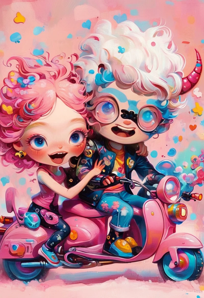 Jon Burgerman,Happy laughing old couple riding motorcycle, with horns on their heads, pink background, pink background,Zhang Jingna,in the style of aggressive digital illustration, bold and colorful portraits, lit kid, Picasso,Hikari Shimoda。