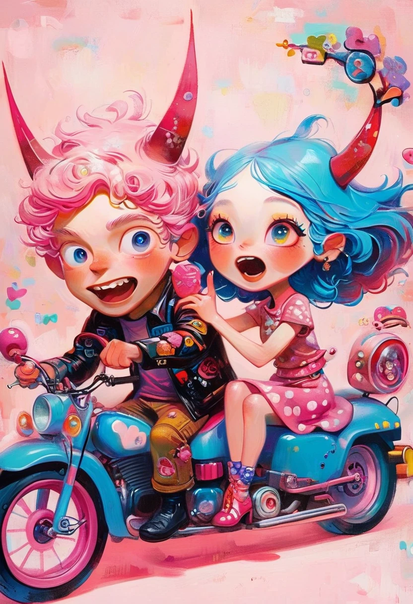 Jon Burgerman,Happy laughing old couple riding motorcycle, with horns on their heads, pink background, pink background,Zhang Jingna,in the style of aggressive digital illustration, bold and colorful portraits, lit ???, Picasso,Hikari Shimoda。