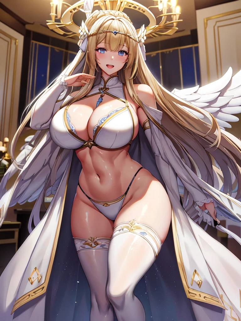 最high quality, high quality, 8K、High resolution,Highest quality、anime、solo、from the front、thick、普通のWearing a white bikini大きな体の大人のおねえさん,Abdominal muscles、Open Mouth Smile、Gentle Eyes、Blonde、high qualityな青い瞳、Long neck、bare hands、From the thigh up、belly button、maternal、Background of a room with a chandelier、Standing with correct posture、Angela White、Wearing a white bikini、Majestic angel all over the body, animeの女神, Angela White, Epic pose,Wearing a white bikini美しく魅力的なanimeの女性, Huge and stunning goddess shots, Angel Knight Girl, Female angel, She has angel wings on her chest, Highly detailed goddess shot