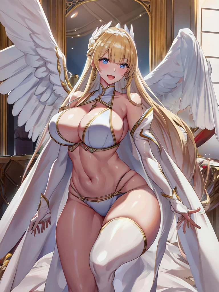 最high quality, high quality, 8K、High resolution,Highest quality、anime、solo、from the front、thick、普通のWearing a white bikini大きな体の大人のおねえさん,Abdominal muscles、Open Mouth Smile、Gentle Eyes、Blonde、high qualityな青い瞳、Long neck、bare hands、From the thigh up、belly button、maternal、Background of a room with a chandelier、Standing with correct posture、Angela White、Wearing a white bikini、Majestic angel all over the body, animeの女神, Angela White, Epic pose,Wearing a white bikini美しく魅力的なanimeの女性, Huge and stunning goddess shots, Angel Knight Girl, Female angel, She has angel wings on her chest, Highly detailed goddess shot