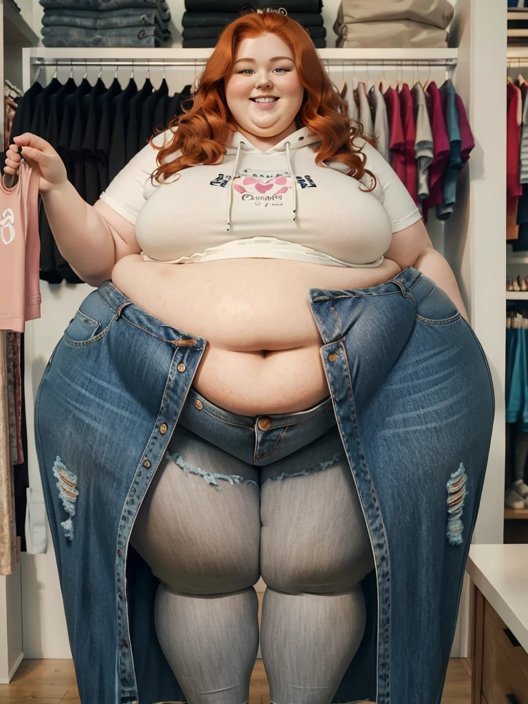 A happy photo of a young cute redhead bbw with long wavy ginger hair, huge soft fat belly, wide fat obese hips, thick fat legs and fat arms, cute pretty face, small breasts, blue eyes, freckles, in a cute long tight covering hoodie and long ripped jeans trousers and jeans jackie, holding her belly in a clothes shop