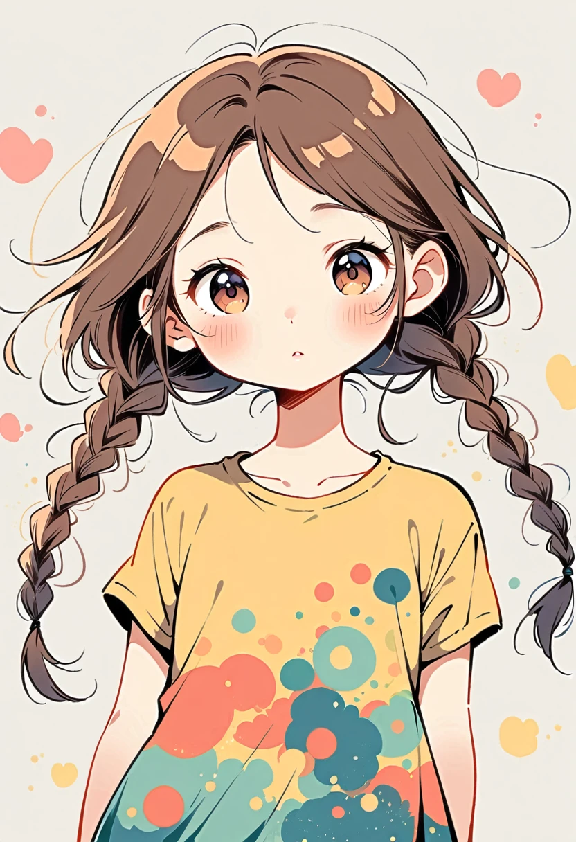 Cute girl,Two long braids,Facing the camera,Wear a short-sleeved T-shirt,Expressive,Simple lines,Abstract Art,