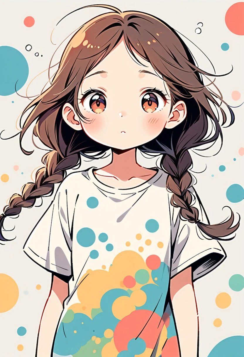 Cute girl，Two long braids，Facing the camera，Wear a short-sleeved T-shirt，Expressive，Simple lines，Abstract Art，