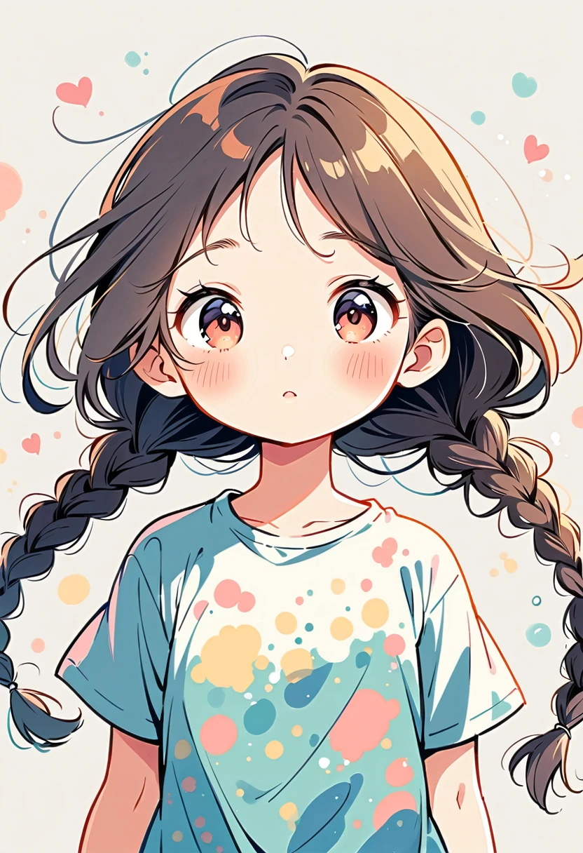 Cute girl,Two long braids,Facing the camera,Wear a short-sleeved T-shirt,Expressive,Simple lines,Abstract Art,