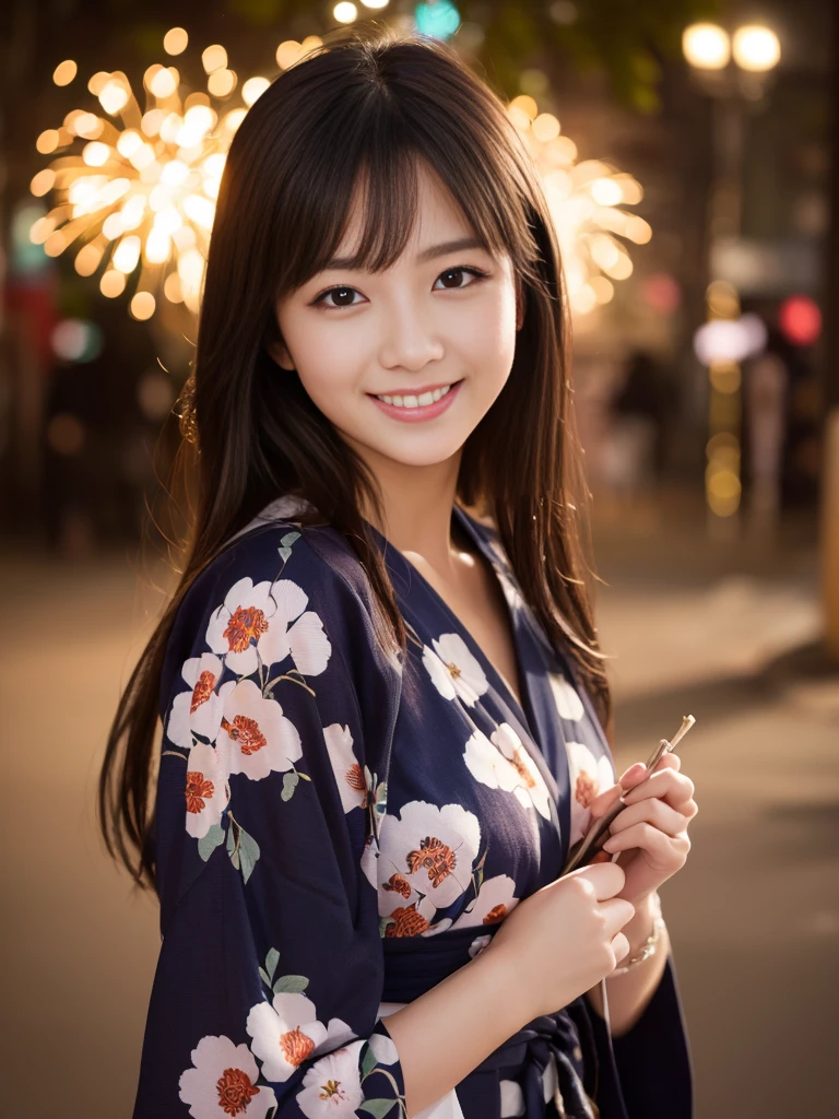 （Cute Smile）、((masterpiece))、((Highest quality))、((Very detailed))、 8K、32k、(photograph)、Attention to detail、(超Detailed Background, Detailed Background: 1.3)、reality、High resolution、1 female、Yukata、Fireworks