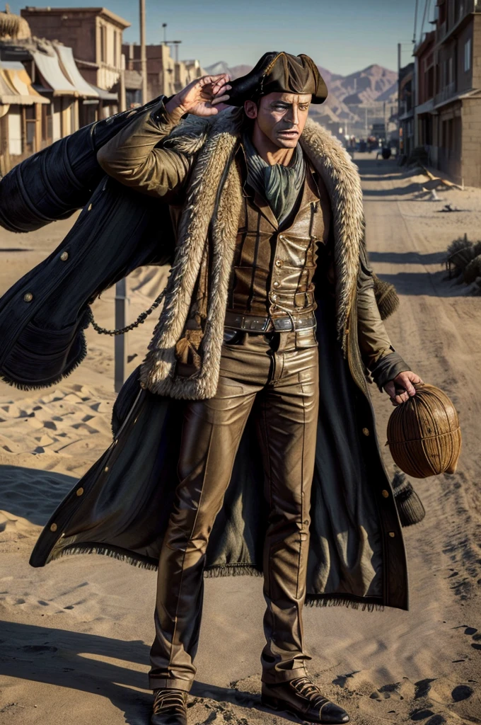 masterpiece, best quality, extremely detailed, hyperrealistic, photorealistic, a cool 40s man, ultra detailed face:1.2, fur-trimmed coat, scarf around the neck, his left hand is a golden pirate hook:1.1, desert, city, arm up, holding sack, outraged
