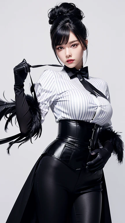 Beauty、She is wearing a white striped dress shirt and a black corset.、Wearing a long coat with black feathers、Big Breasts、Wearing tight black pants、Two red belts around his waist、Wearing flashy sleeves and gloves、Gibson Tuck Hairstyle、high resolution、Wearing a black tie、White background