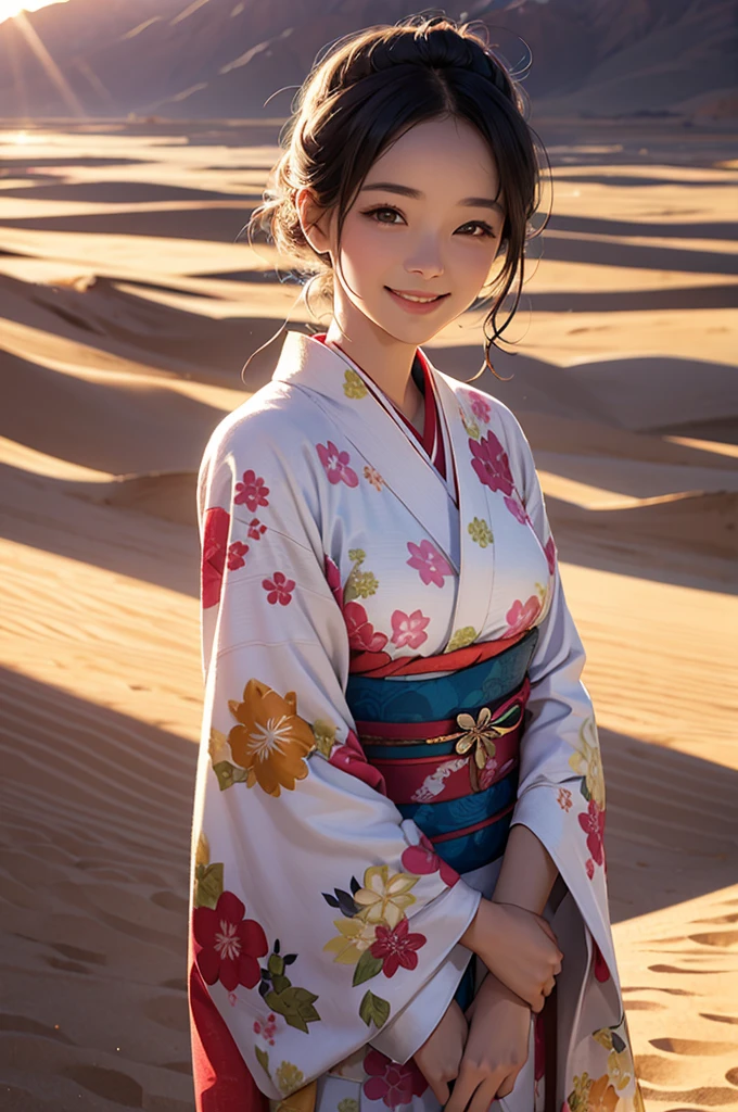 A beautiful smiling woman in a kimono in the sunlit desert