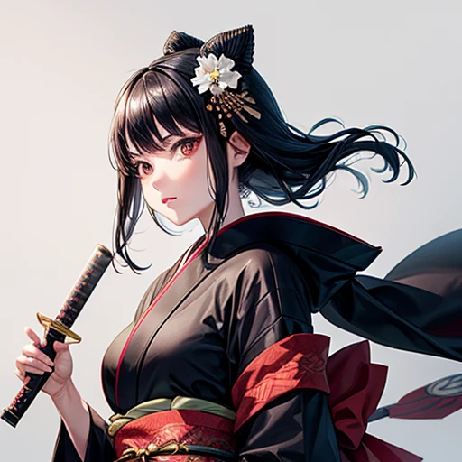 A woman with black hair wearing a kimono holding a sword-like knife There is a tuna