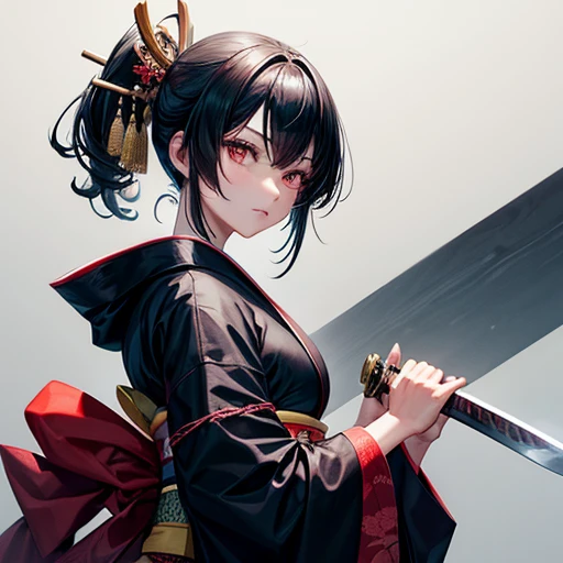 A woman with black hair wearing a kimono holding a sword-like knife There is a tuna