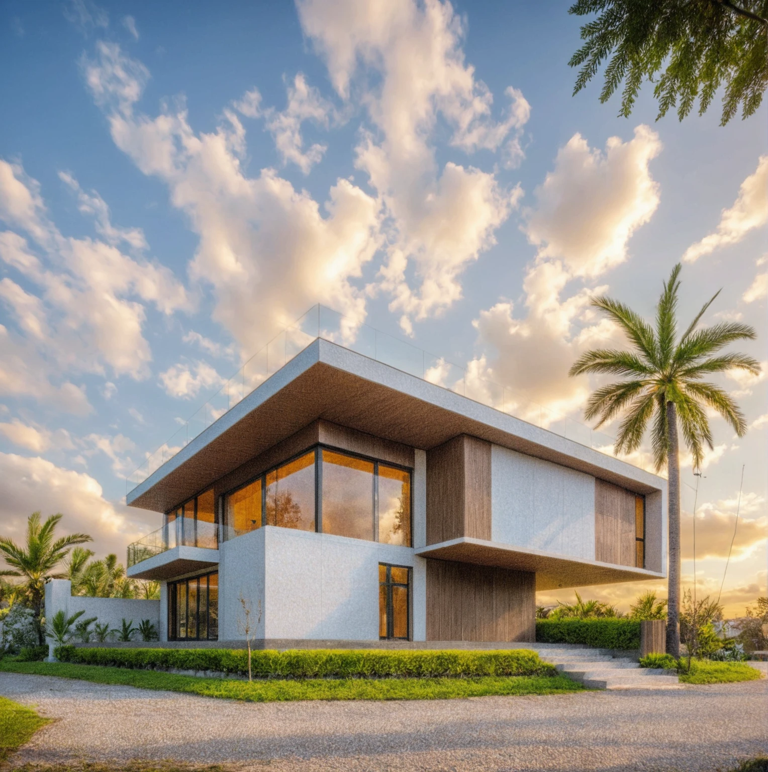 Masterpiece, high quality, best quality, authentic, super detail, outdoors, house style modern, bietthuhn, white wall, glass windows, gate road, pavement, grass, trees, Beautiful_sky, SUNSET, (day:1.1), realistic lighting