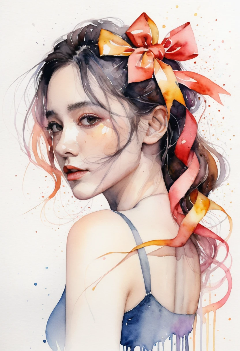 (8K, best quality, masterpiece:1.2),(best quality:1.0), (ultra highres:1.0), watercolor, a beautiful woman, shoulder, hair ribbons, by agnes cecile, half body portrait, extremely luminous bright design, pastel colors, (ink:1.3), autumn lights,front