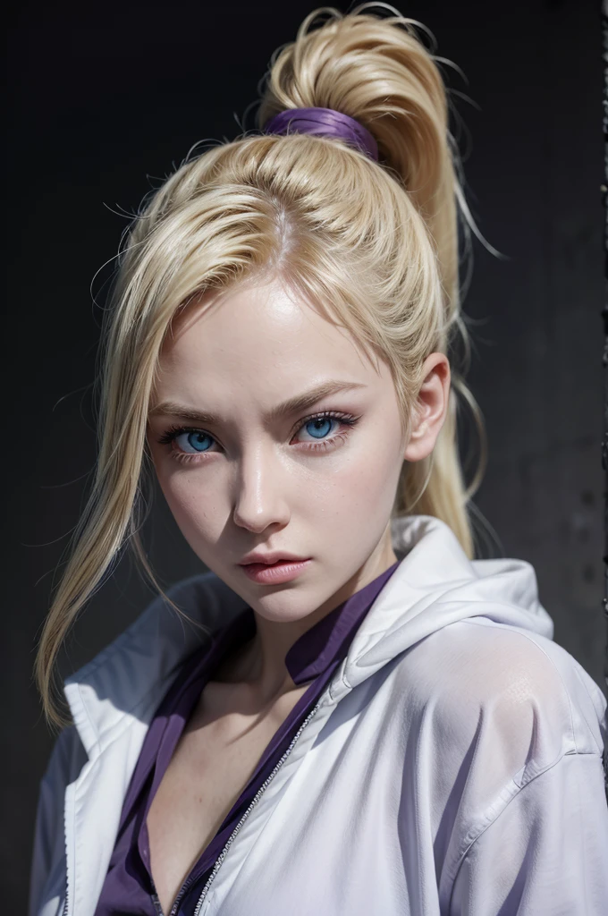 Ino from naruto, realistic, age 25, pure white skin, blue pupils, blonde ponytail hair, side fall hair, front button purple ninja jacket, perfect face, perfect shape body, above large breasts, clothes covered upper body, 3d .