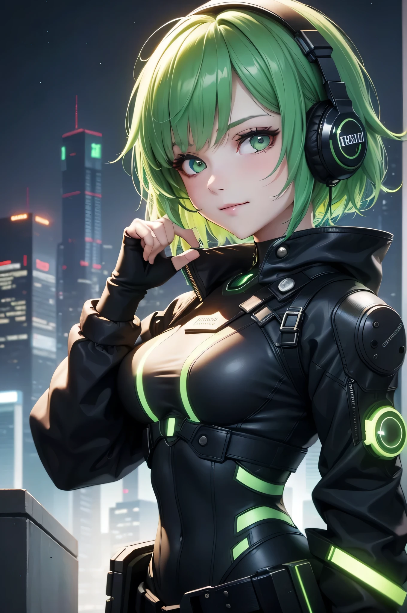 1girl, (extremely beautiful),short hair, green hair, bangs, green eyes. solo, focus, cyberpunk, neon lights, vibrant colors, headphones, Cyberpunk, neon, masterpiece, best quality, ultra-detailed, cyberpunk background, detail, in the starry night, moon, explosive and clear eyes, glowing eyes, beautiful details in the wind, little smile.
