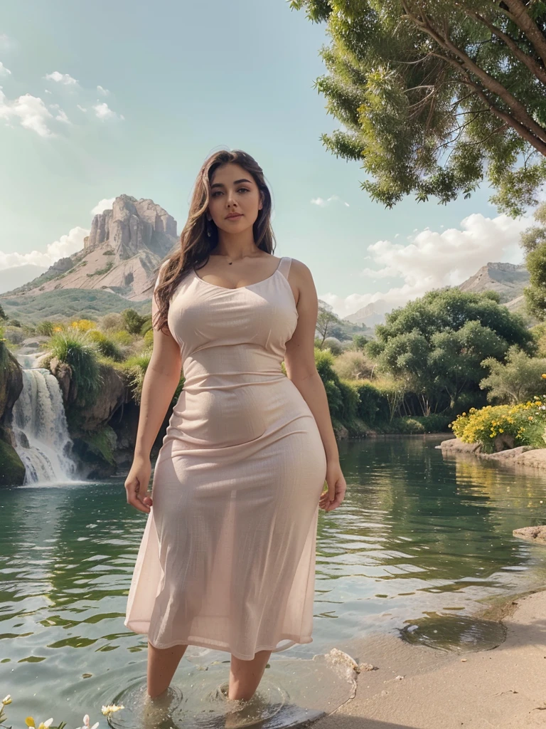 Arab dress, yellow dress, short dress (white), crocodile near the mountain, water near the grass, waterfall nearby, light green, bright flowers, red sky, wearing suit (white), lips (pink) Escasamente vestido, beautiful face Hermosa big hips shine in the sky, oval curves sonrisa seductora Retrato Gabriella Lin Rojo red-orange dress