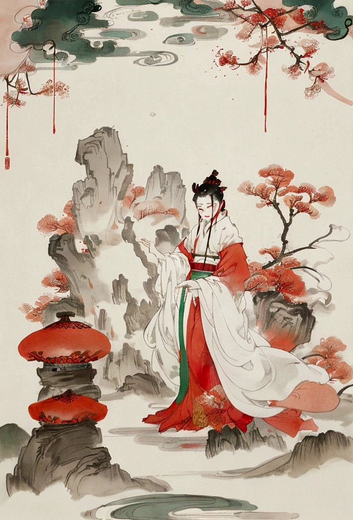 Ink and brushwork style,plum bossom,Merlin,Ink and snow scene,Red and green color scheme,Simple lines,gorgeous,Chinese Court,Hand Painted,HD details,White background,Painting on rice paper,HD 8k