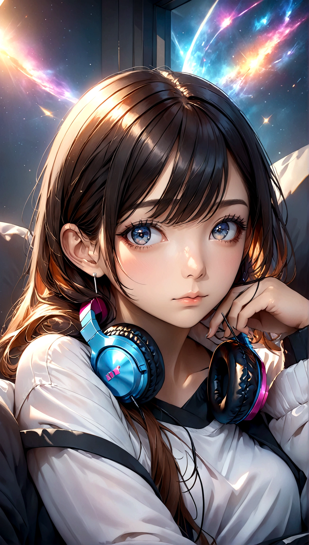 8K portrait of a beautiful young woman in a J-POP style, relaxing while listening to her favorite music, extremely detailed, high quality, ultra-high resolution, photorealistic, masterpiece, cinematic composition, trending on ArtStation