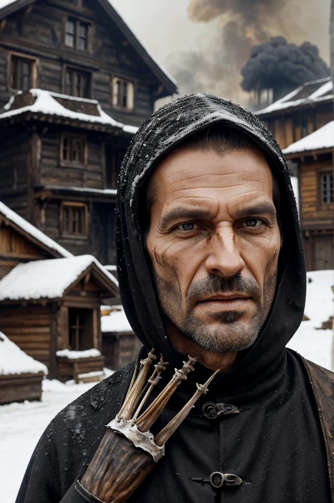 tall thin 40 year old man evil villain, half of the face is decomposed and very rotten showing the larvae, showing some of the bones, Wearing medieval clothes, Snow Background, and houses on fire, lots of background fire, realisitic