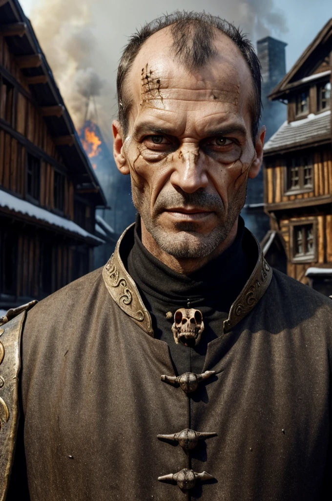 tall thin 40 year old man evil villain, half of the face is decomposed and very rotten showing the larvae, showing some of the bones, Wearing medieval clothes, Snow Background, and houses on fire, lots of background fire, realisitic