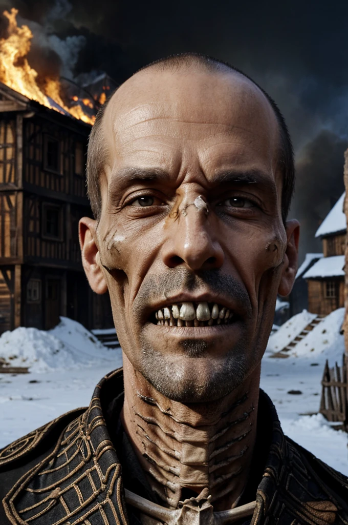 tall thin 40 year old man evil villain, half of the face is decomposed and very rotten showing the larvae, showing some of the bones, Wearing medieval clothes, Snow Background, and houses on fire, lots of background fire, realisitic