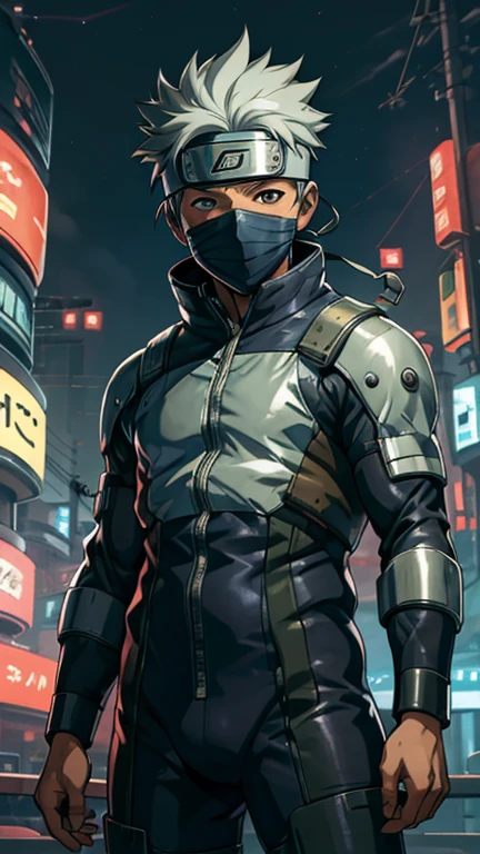 (8k),(masterpiece),(Japanese),(8--old ),((innocent look)),((Childish)),From the front,smile,cute,Innocent,Kind eyes,Flat chest, Kakashi Hatake wearing cyberpunk bodysuit,mask,Short,Hair blowing in the wind,Silver Hair,Strong wind,night,dark, Neon light cyberpunk Konoha village