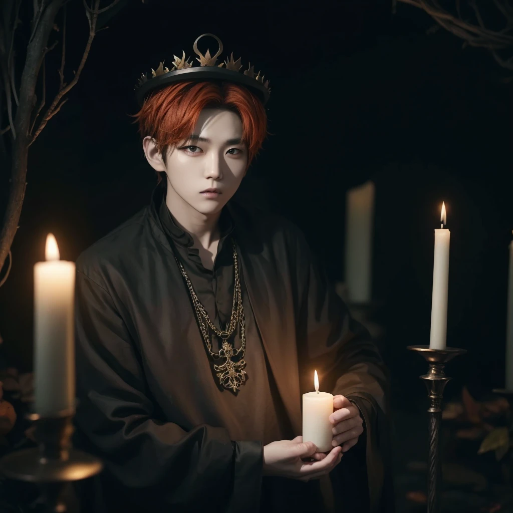 Hyunjun hur actor and kpop idol more realism in hair and clothing hair orange, Generate an image of a Korean Kpop idol with bright orange hair, dressed in a black shirt and a tunic of the same color, surrounded by dark witches and warlocks in a coven. The background must be dark and gloomy, lleno de velas y witchcraft symbols.Create a visual representation of a Korean Kpop actor, with a spinal crown on his head, dressed in a black tunic and black shirt in a coven setting. Around it, dark witches casting curses, with a shadowy forest full of candles as a backdrop.Produces an image where a Korean Kpop idol, recognizable by his bright orange hair, is immersed in an environment of witchcraft and curse. He is dressed in a black tunic and a dark shirt, surrounded by wizards and witches in a dark forest full of magical symbols.Korean kpop idol actor who is dressed in a black shirt, black and orange tunic, with a crown of thorns on his head, he is in a witches coven, all dark witches, curse and witchcraft, the background that is dark dark, a black background in a forest full of candles and spells, witchcraft symbols, bright orange hair amidst candles at a coven.