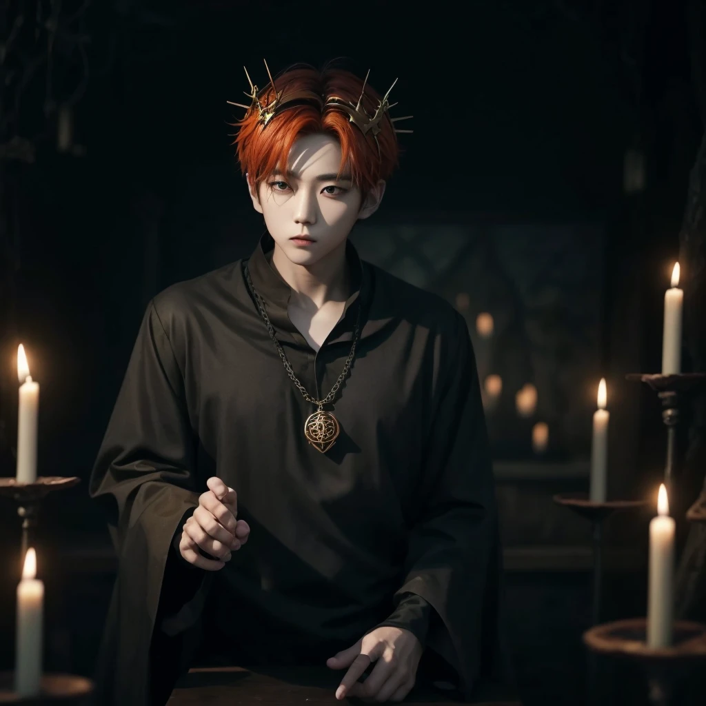 Hyunjun hur actor and kpop idol more realism in hair and clothing hair orange, Generate an image of a Korean Kpop idol with bright orange hair, dressed in a black shirt and a tunic of the same color, surrounded by dark witches and warlocks in a coven. The background must be dark and gloomy, lleno de velas y witchcraft symbols.Create a visual representation of a Korean Kpop actor, with a spinal crown on his head, dressed in a black tunic and black shirt in a coven setting. Around it, dark witches casting curses, with a shadowy forest full of candles as a backdrop.Produces an image where a Korean Kpop idol, recognizable by his bright orange hair, is immersed in an environment of witchcraft and curse. He is dressed in a black tunic and a dark shirt, surrounded by wizards and witches in a dark forest full of magical symbols.Korean kpop idol actor who is dressed in a black shirt, black and orange tunic, with a crown of thorns on his head, he is in a witches coven, all dark witches, curse and witchcraft, the background that is dark dark, a black background in a forest full of candles and spells, witchcraft symbols, bright orange hair amidst candles at a coven. 