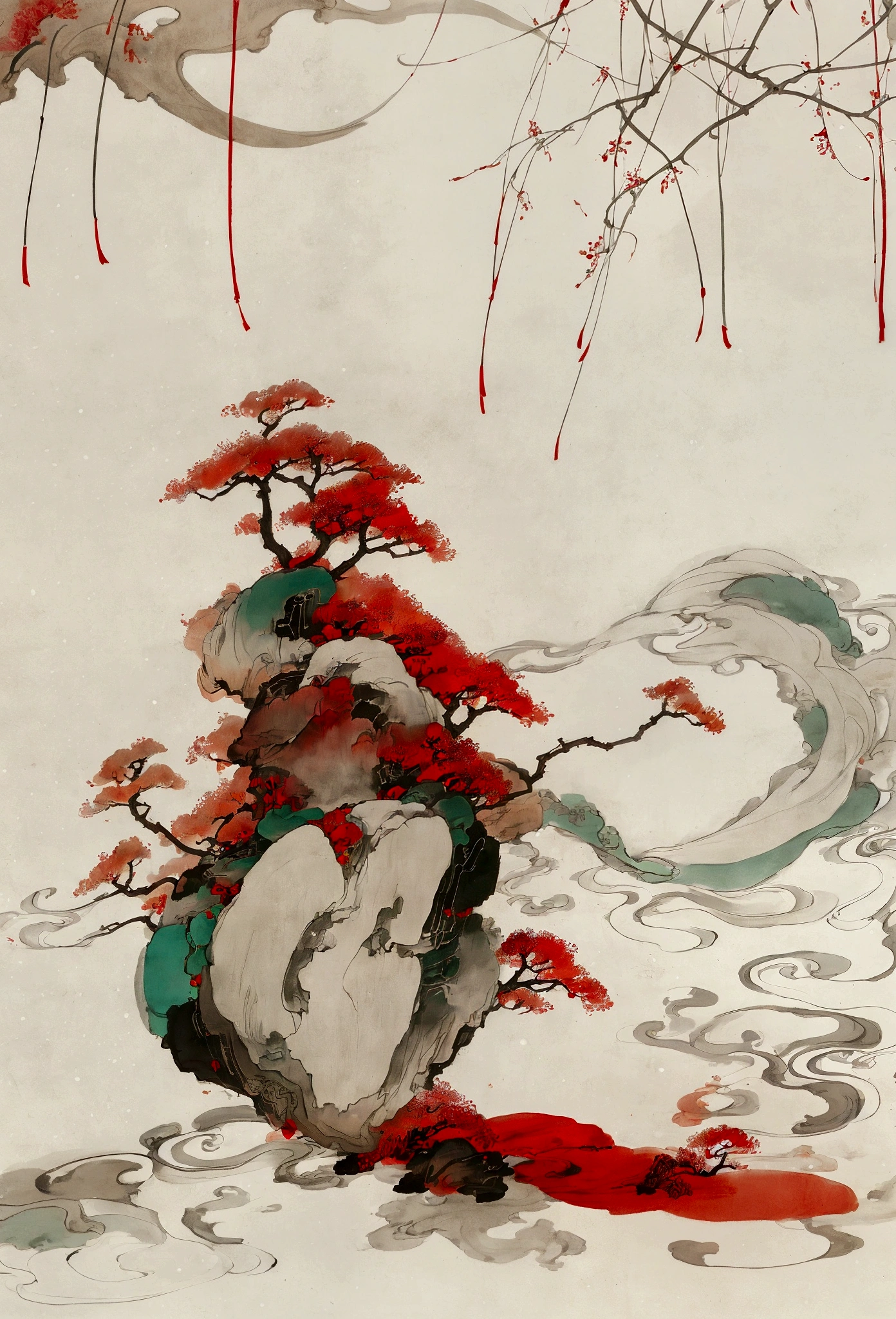 Ink and brushwork style，plum bossom，Merlin，Ink and snow scene，Red and green color scheme，Simple lines，gorgeous，Chinese Court，Hand Painted，HD details，White background，Painting on rice paper，HD 8k