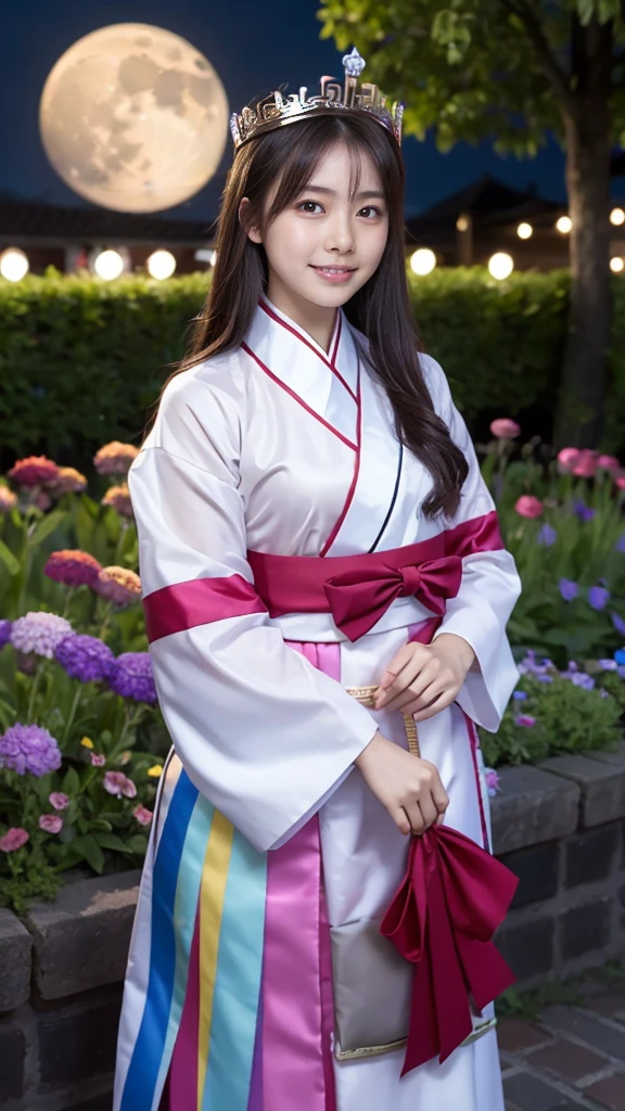 Highest quality, expensive_solve, clear_image, Detailed Background ,girl, hanbok,flower,garden,moon, night,Dutch Angle, Wide Shot, Crown,