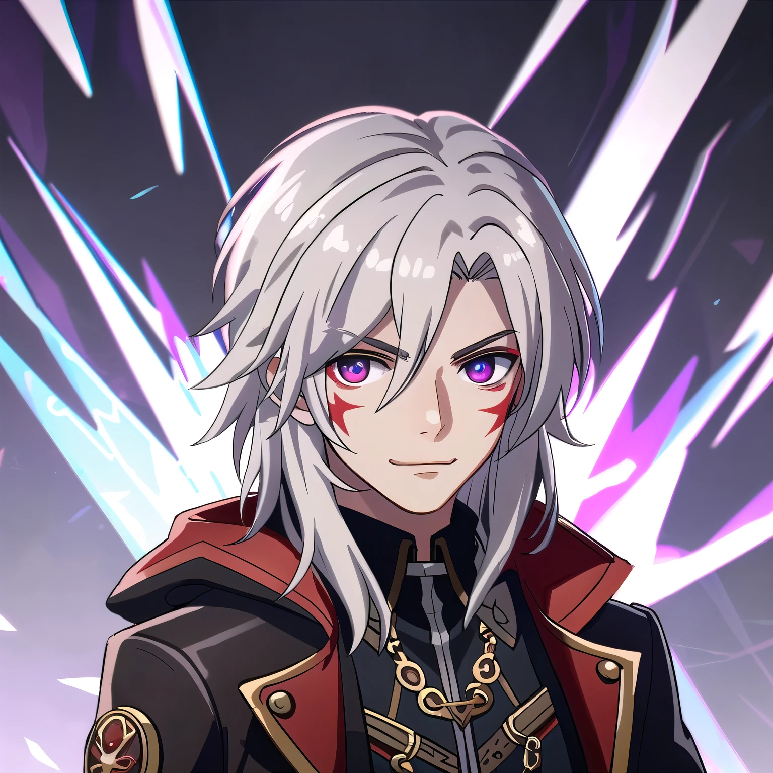 (high-quality, breathtaking),(expressive eyes, perfect face) portrait, Symmetrical Eyes, 1boy, male, teenager, solo, looking at viewer, portrait, grey background, allen walker, red eye color, white hair, scar, facial mark, halfbody shot, long hair length, confident expression, charming, black purple jacket, hood, red trim, smirk, steampunk clothing
