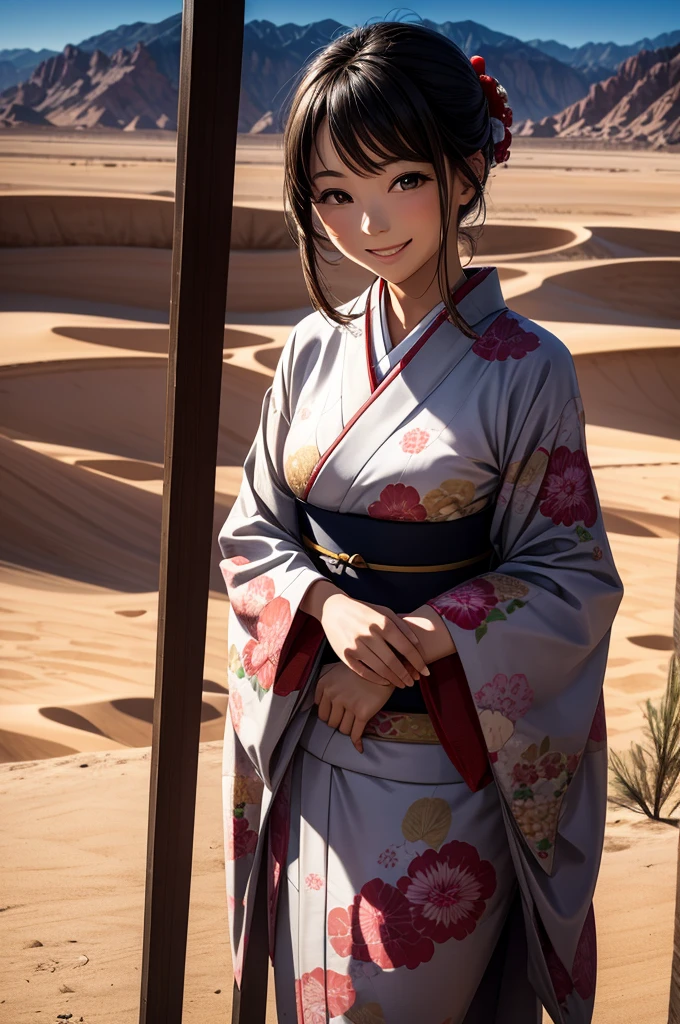 A beautiful smiling woman in a kimono in the sunlit desert