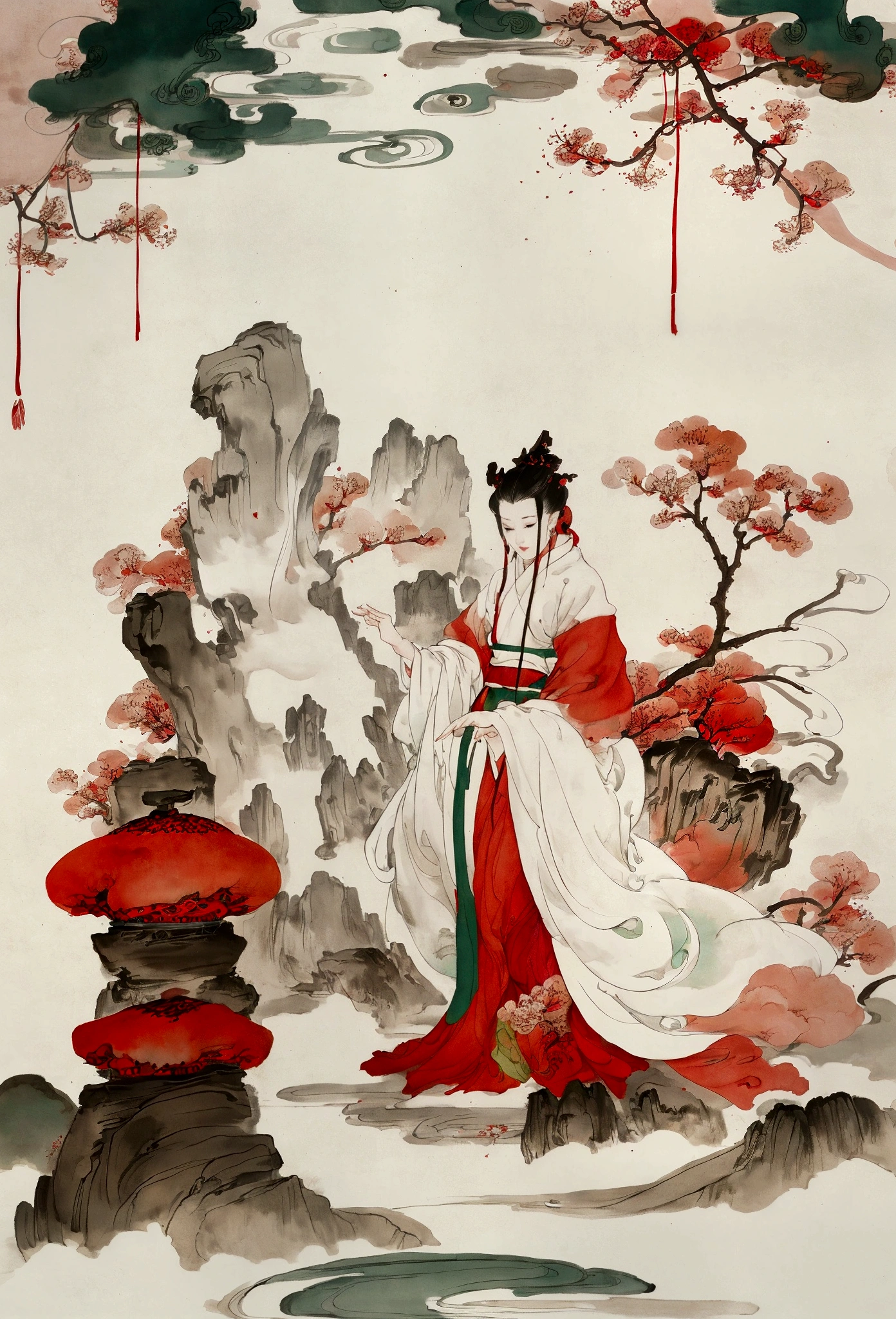 Ink and brushwork style,plum bossom,Merlin,Ink and snow scene,Red and green color scheme,Simple lines,gorgeous,Chinese Court,Hand Painted,HD details,White background,Painting on rice paper,HD 8k