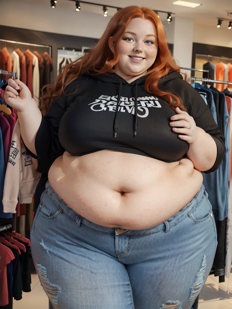 A happy photo of a young cute redhead bbw with long wavy ginger hair, huge soft fat belly, wide fat obese hips, thick fat legs and fat arms, cute pretty face, small breasts, blue eyes, freckles, in a cute long tight covering hoodie and long ripped jeans trousers and jeans jackie, holding her belly in a clothes shop