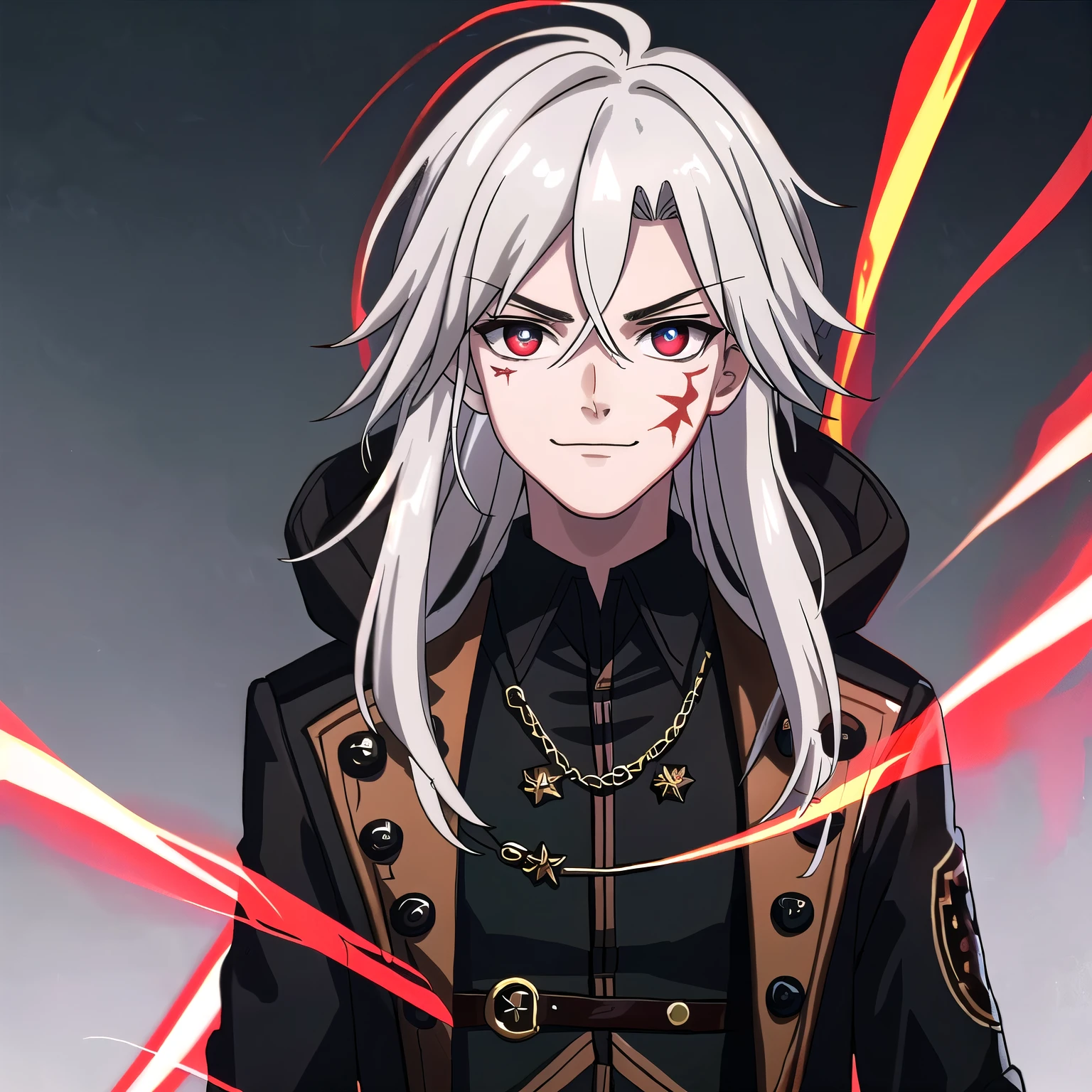 (high-quality, breathtaking),(expressive eyes, perfect face) portrait, Symmetrical Eyes, 1boy, male, ager, solo, looking at viewer, portrait, grey background, allen walker, red eye color, white hair, scar, facial mark, halfbody shot, long hair length, confident expression, charming, black purple jacket, hood, red trim, smirk, steampunk clothing