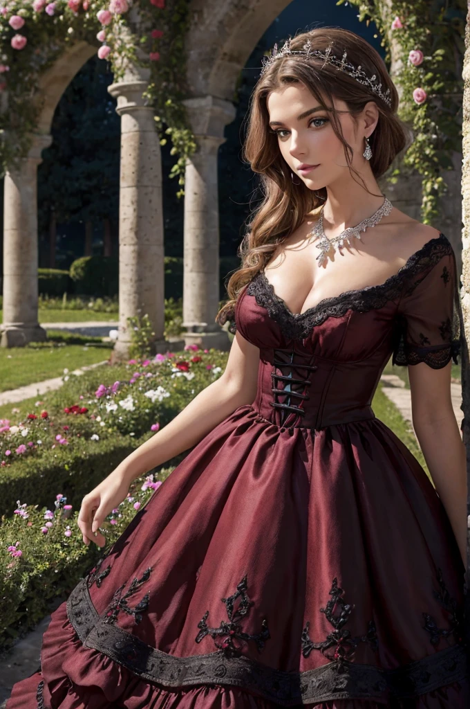 (meilleure qualité,Ultra-détaillé:1.2),photoréaliste:1.37,portrait,schéma de couleurs rouge et noir,Éclairage doux,fond de jardin de minuit,texture brillante,style magazine de mode haut de gamme,Expression audacieuse et confiante,cheveux flottants,posant contre un mur de pierre,debout sur un lit de roses,détails en dentelle sur le col,décolleté légèrement révélateur,motifs de dentelle délicats sur la robe,accents de bijoux éclatants,collier et boucles d&#39;oreilles en diamants étincelants,rouge à lèvres rouge dramatique,eye-liner précis et séduisant,des yeux magnifiquement formés avec de longs cils luxuriants,blush subtil sur les joues,Atmosphère séduisante et mystérieuse